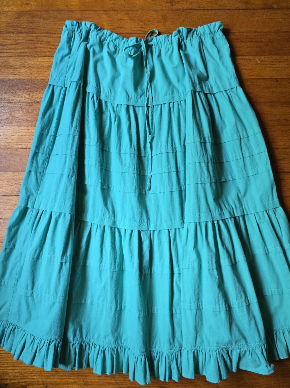 Turquoise Green Blue Cotton Maxi Skirt Drawstring Tiered Large Southwestern